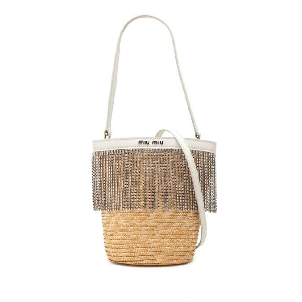 Miu Miu Miu Handbag 2-Way Shoulder Bag Beige White Straw Rhinestone Leather W...